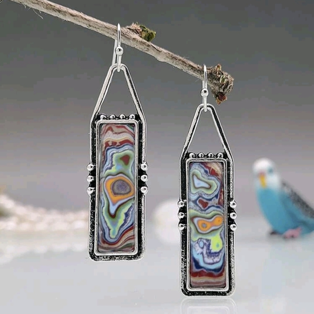 Boho Vintage Silver Marble pattern Stone Earings